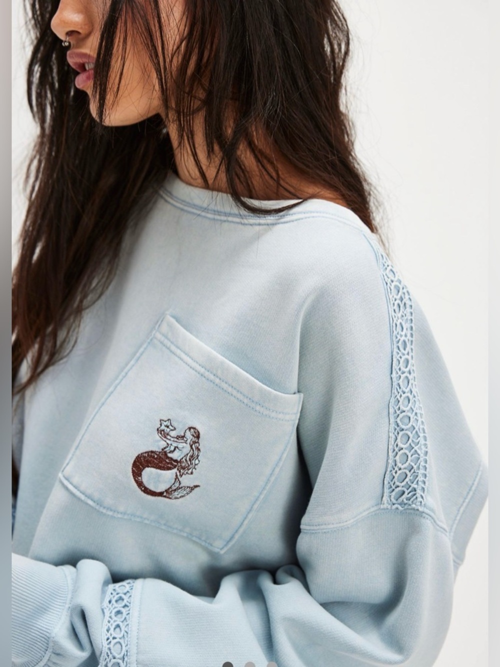 Free People Golden Hour Sweatshirt Mermaid Lace Trim Blue Hot Spring